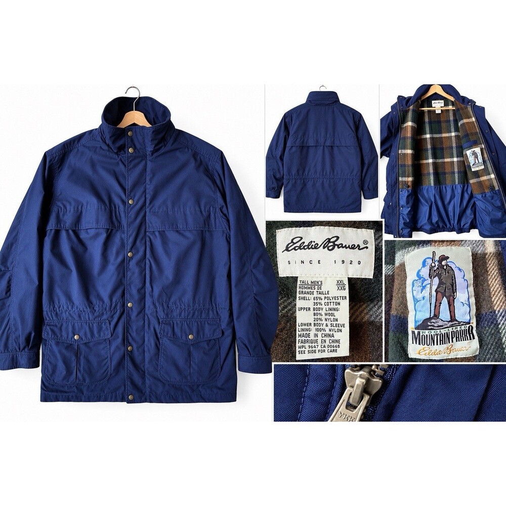 Vintage Eddie Bauer Mountain Parka Mens XXL Tall Navy Wool Lined Hooded Jacket